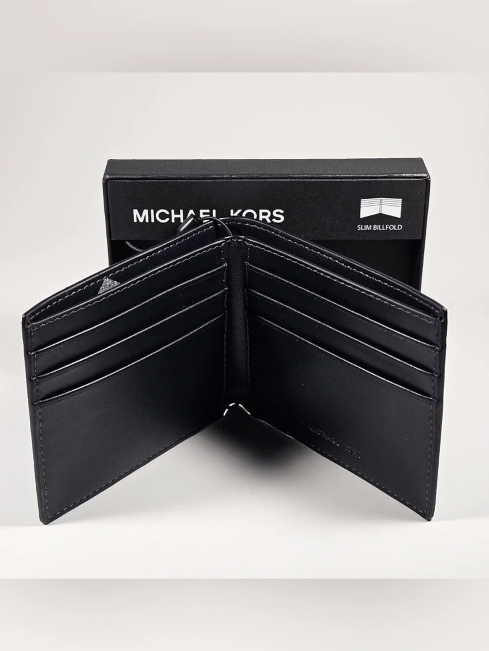 New in box Michael Kors slim Andy billfold wallet in black and blue monogram NEW - Picture 3 of 11